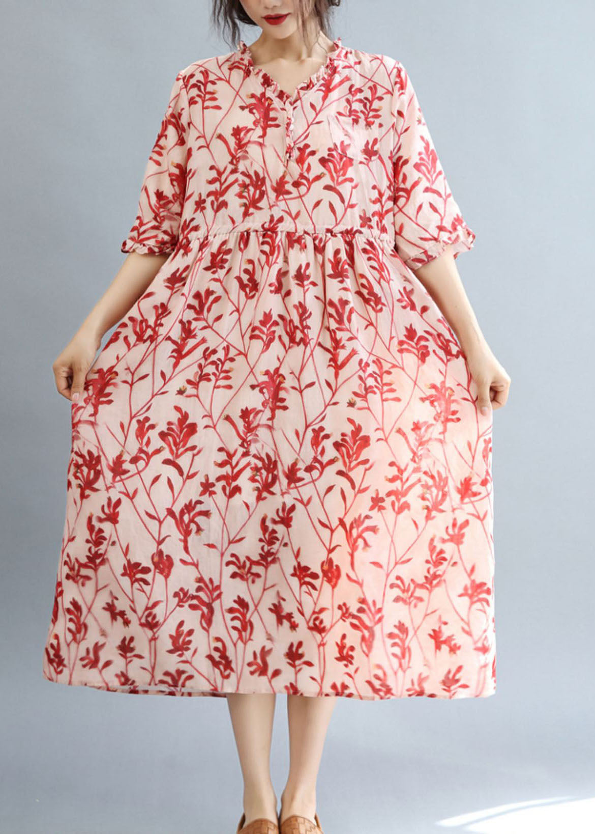 Diy Red Ruffled Print Linen Holiday Dress Half Sleeve