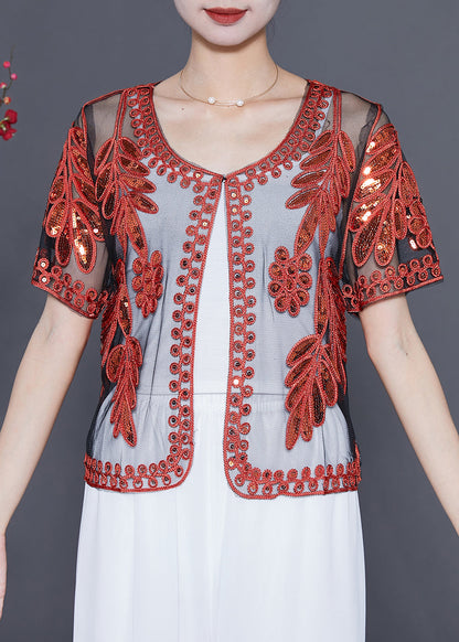 Diy Red Sequins Hollow Out Tulle Cardigan Summer