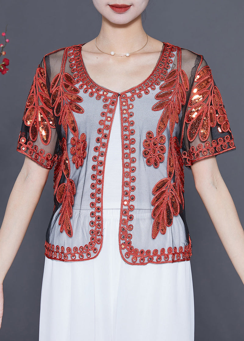 Diy Red Sequins Hollow Out Tulle Cardigan Summer
