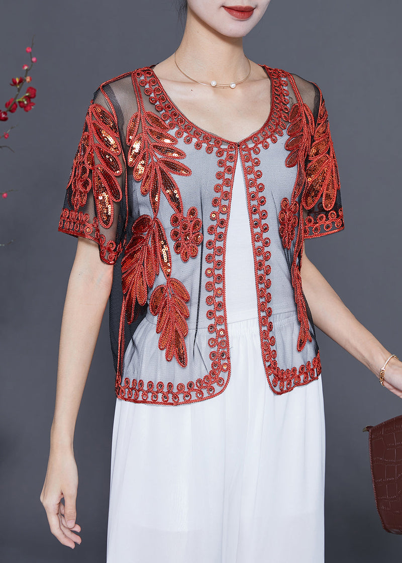Diy Red Sequins Hollow Out Tulle Cardigan Summer