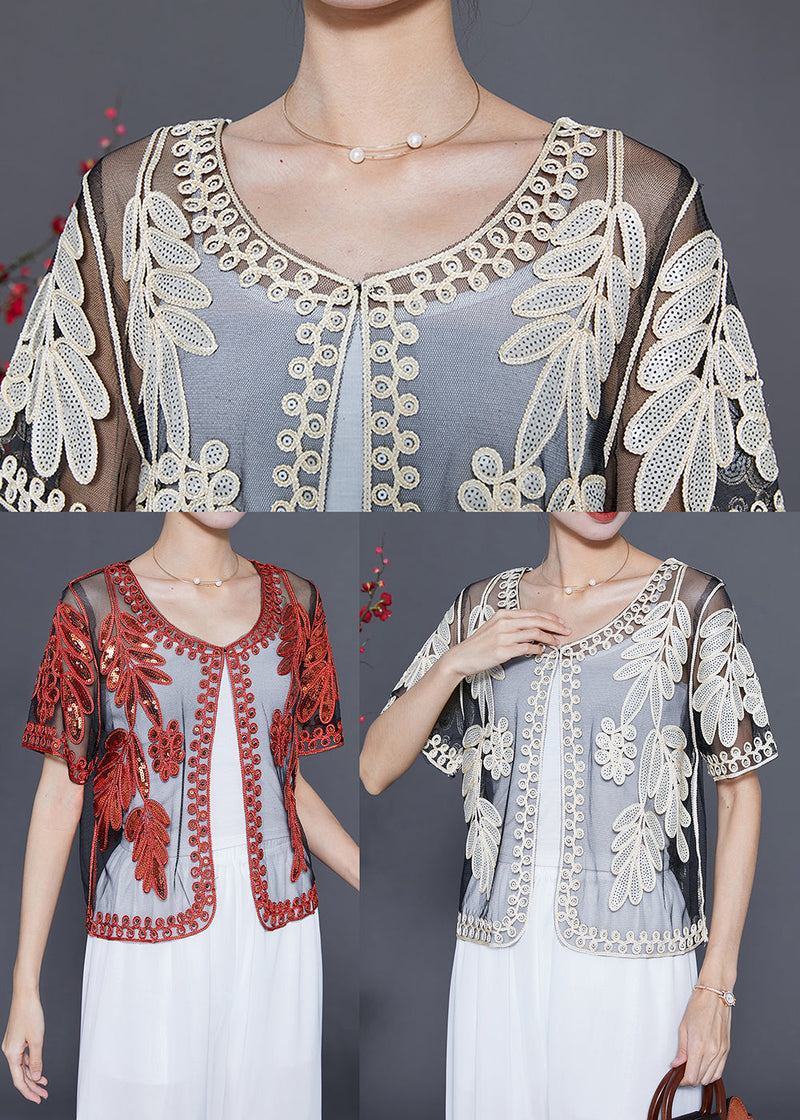 Diy Red Sequins Hollow Out Tulle Cardigan Summer