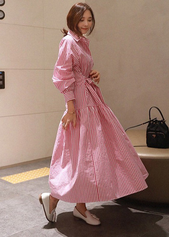 Diy Red Striped Peter Pan Collar Button Tie Waist Wrinkled Cotton Dress Long Sleeve