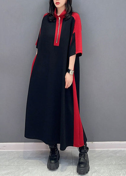 Diy Red Turtleneck Zip Up Tie Waist Patchwork Cotton Dresses Summer