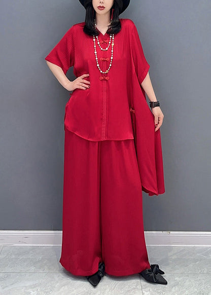 Diy Red V Neck Asymmetrical Shirts and Wide Leg Pants Two Piece Set Spring
