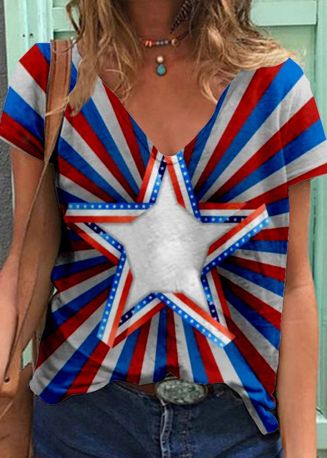 Diy Red V Neck Original Design Independence Day Print Cotton Tank Tops Short Sleeve