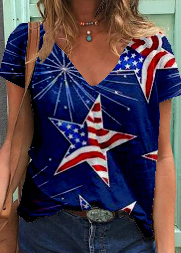 Diy Red V Neck Original Design Independence Day Print Cotton Tank Tops Short Sleeve
