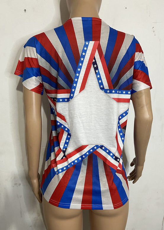 Diy Red V Neck Original Design Independence Day Print Cotton Tank Tops Short Sleeve