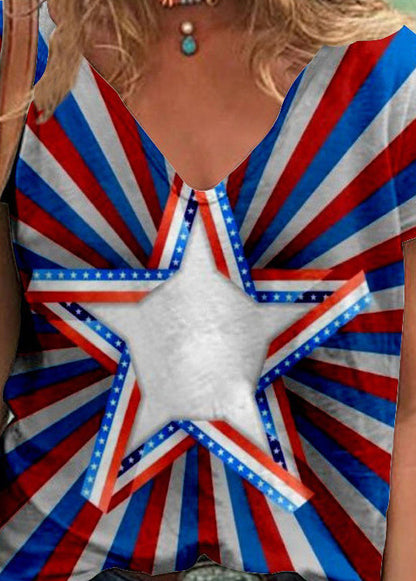 Diy Red V Neck Original Design Independence Day Print Cotton Tank Tops Short Sleeve