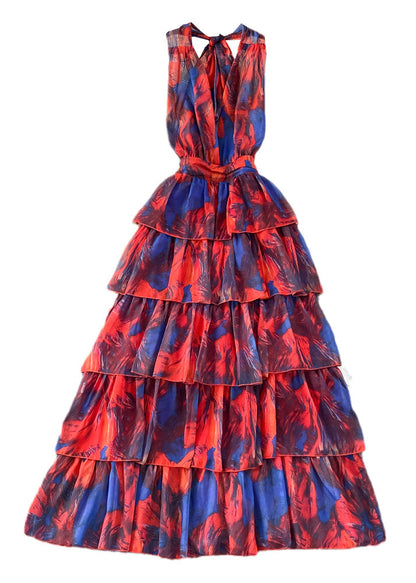Diy Red V Neck Print Tie Dye Tunic Long Layered Dress Summer