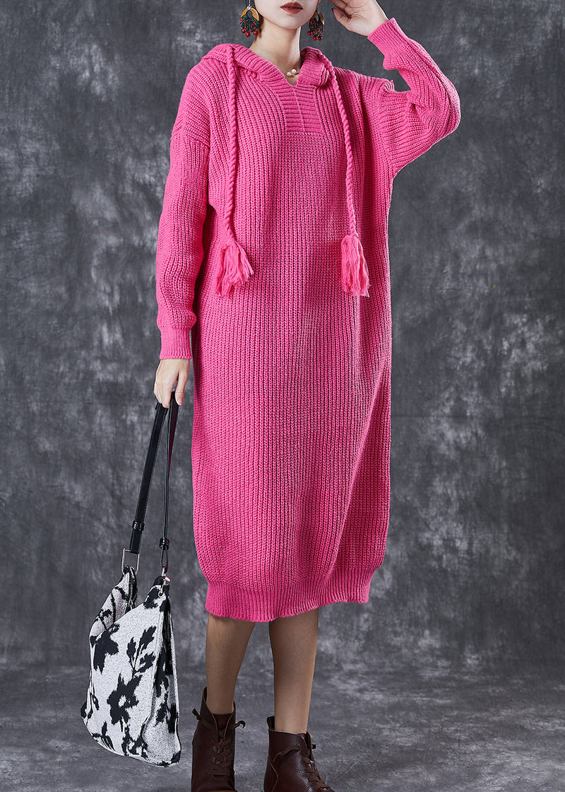 Diy Rose Hooded Drawstring Knit Pullover Sweatshirt Dress Fall