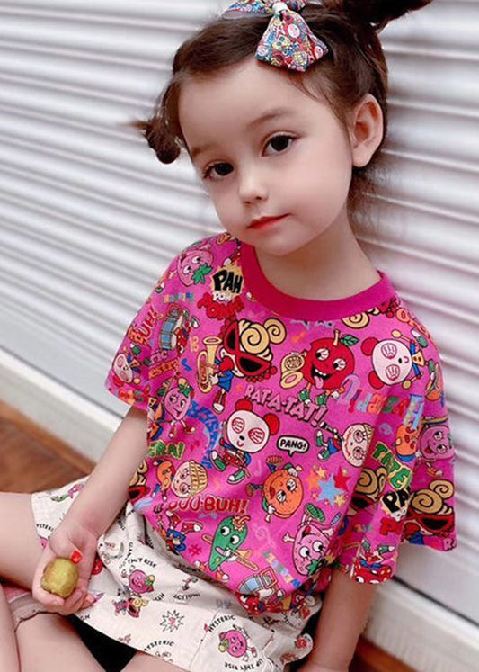 Diy Rose O-neck Print Kids Tops Summer