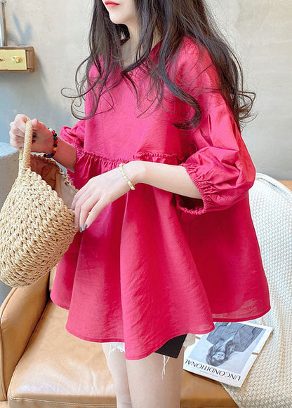 Diy Rose O-neck Ruffled Patchwork Cotton Blouse Top Summer
