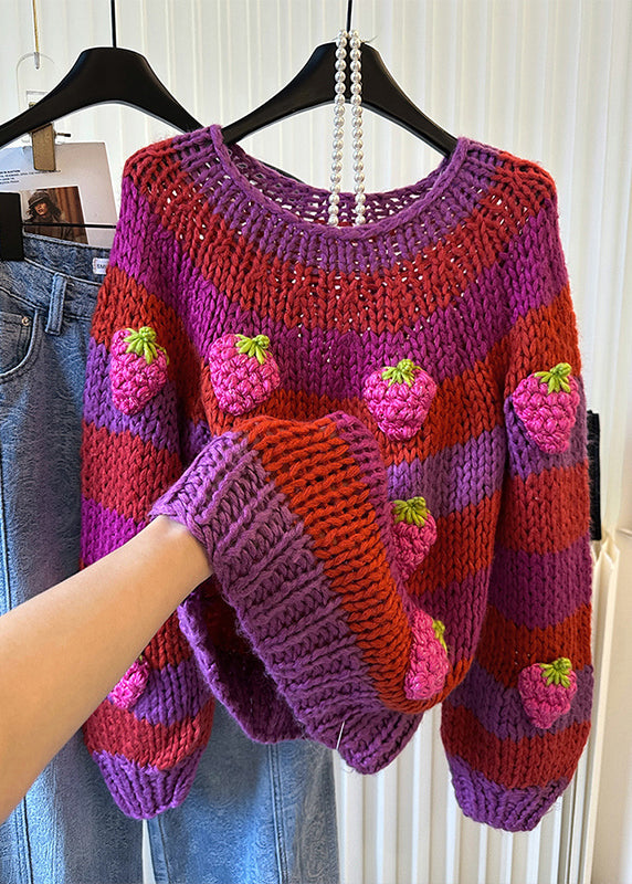 Diy Rose Striped Strawberry Decorated Knit Sweaters Winter