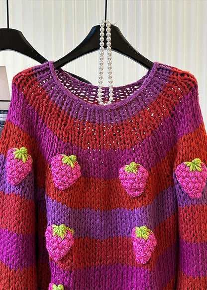 Diy Rose Striped Strawberry Decorated Knit Sweaters Winter