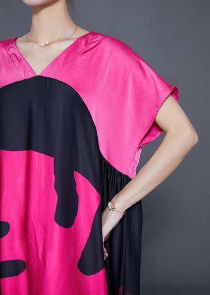 Diy Rose V Neck Patchwork Print Silk Maxi Dresses Summer