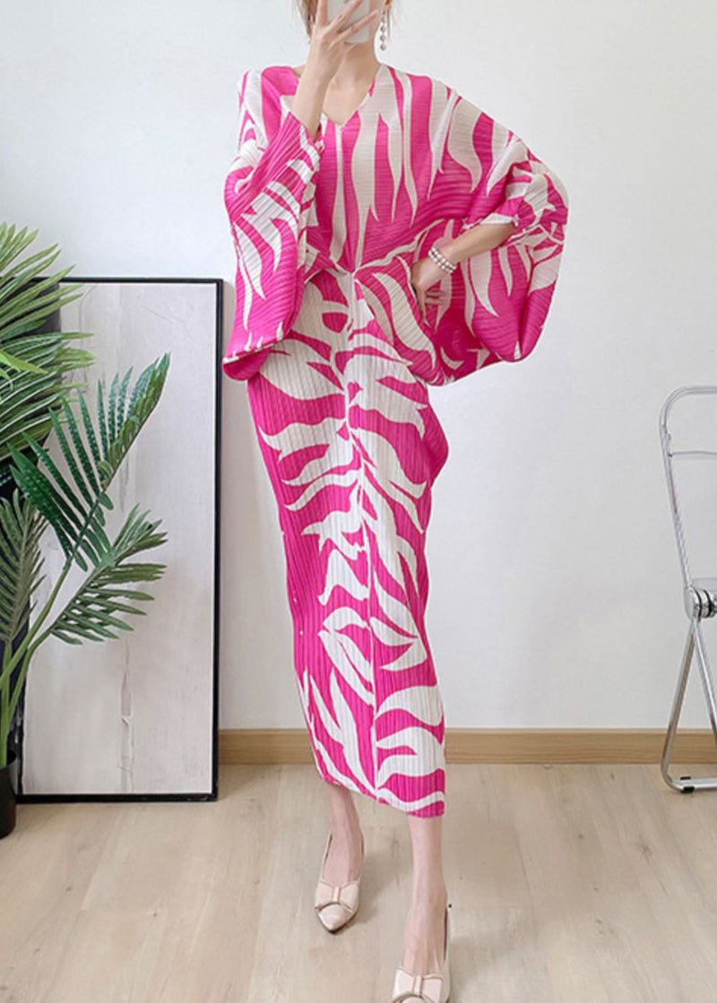 Diy Rose V Neck Print Wrinkled Maxi Dress Batwing Sleeve