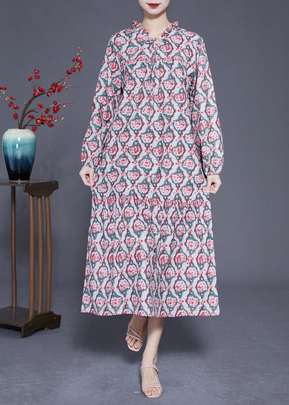 Diy Ruffled Lace Up Print Silk Long Dress Spring