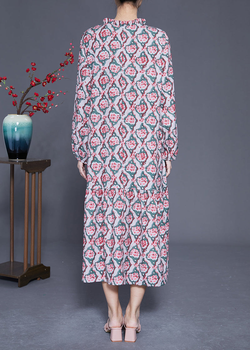 Diy Ruffled Lace Up Print Silk Long Dress Spring