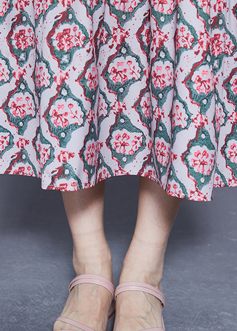 Diy Ruffled Lace Up Print Silk Long Dress Spring