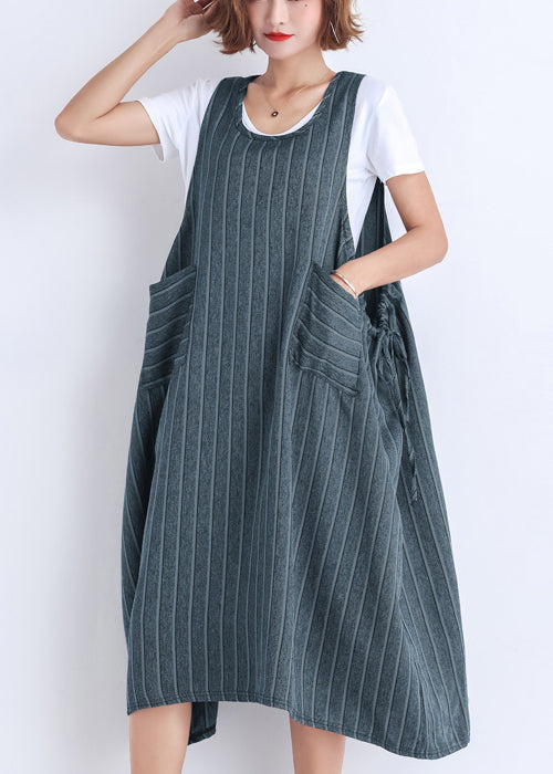 Diy Sleeveless Pockets Cotton Clothes Korea Wardrobes Striped Dress Summer