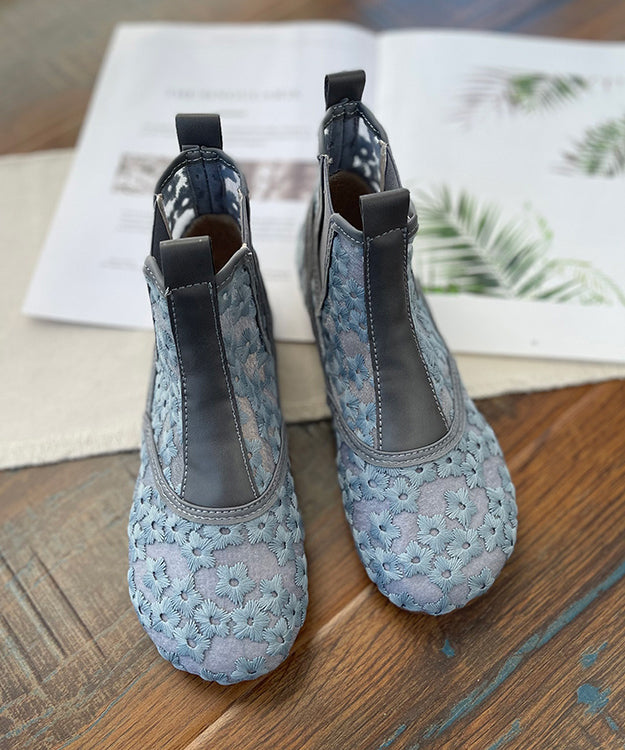 Diy Splicing Boots Grey Breathable Mesh Hollow Out Embroidery