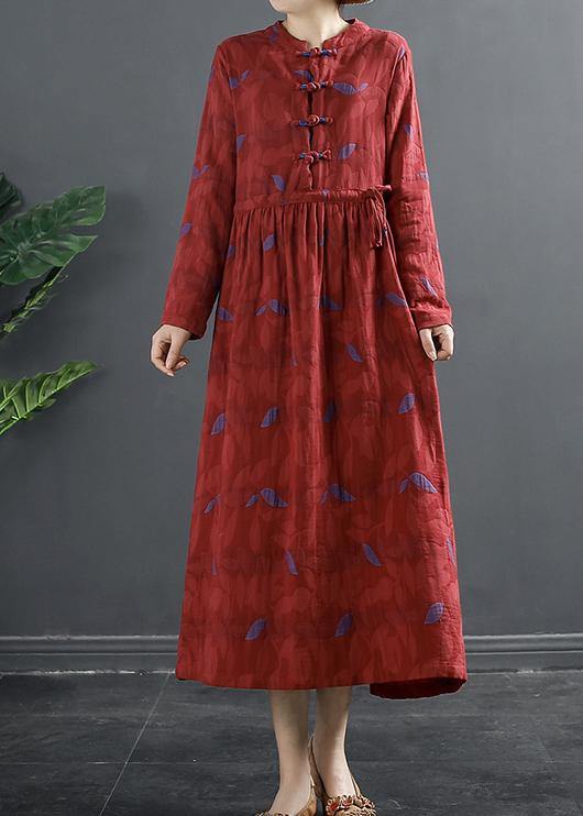 Diy Stand Collar Quilting Dresses Pattern Red Print Long Dress