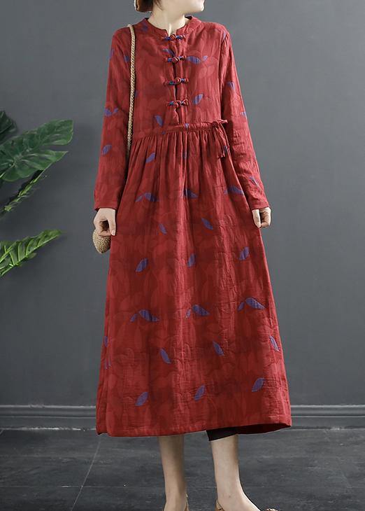 Diy Stand Collar Quilting Dresses Pattern Red Print Long Dress