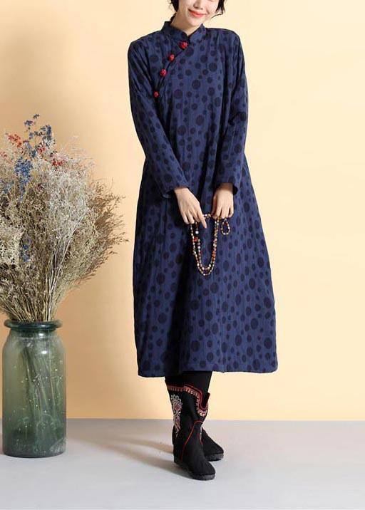 Diy Stand Collar Spring Quilting Dresses Work Outfits Navy Dotted Dress