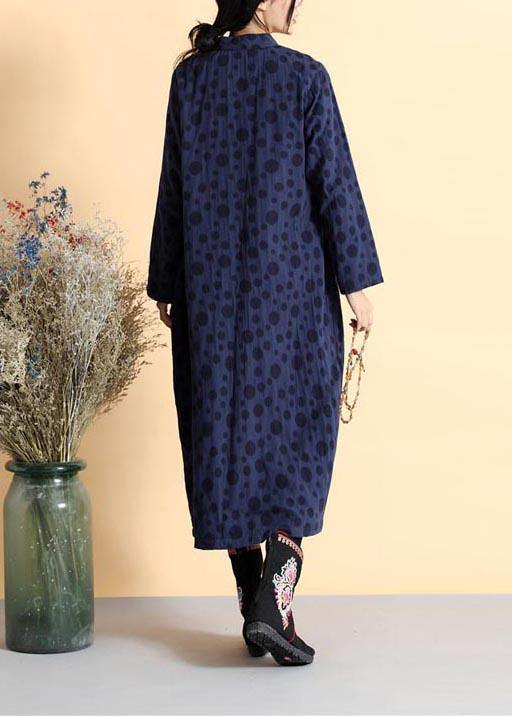 Diy Stand Collar Spring Quilting Dresses Work Outfits Navy Dotted Dress