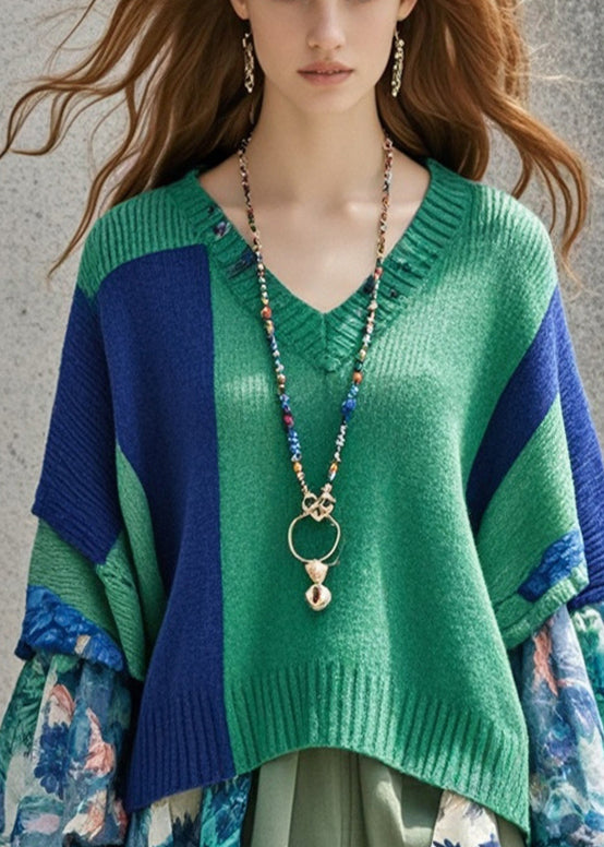 Diy Tea Green Oversized Patchwork Print Knit Sweater Tops Fall