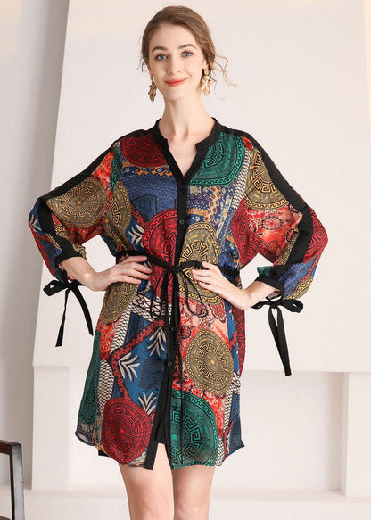 Diy V Neck Cinched Print Chiffon Shirt Dress Spring