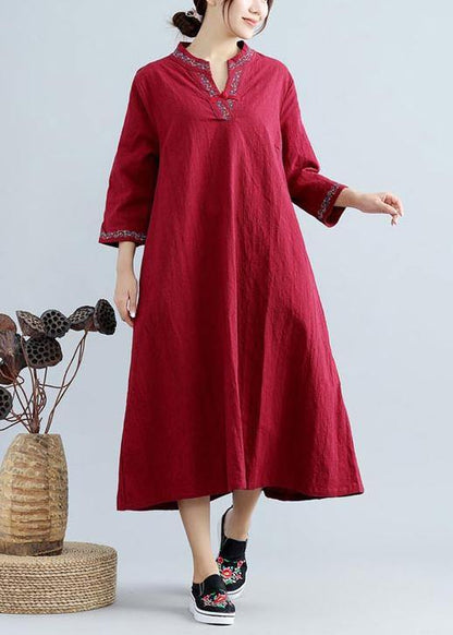 Diy V Neck Spring Outfit Work Burgundy Embroidery Robes Dress