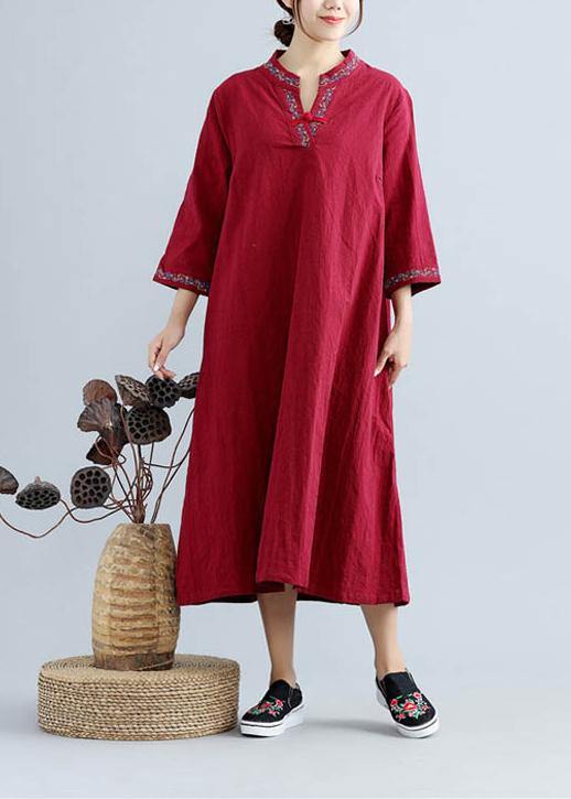 Diy V Neck Spring Outfit Work Burgundy Embroidery Robes Dress