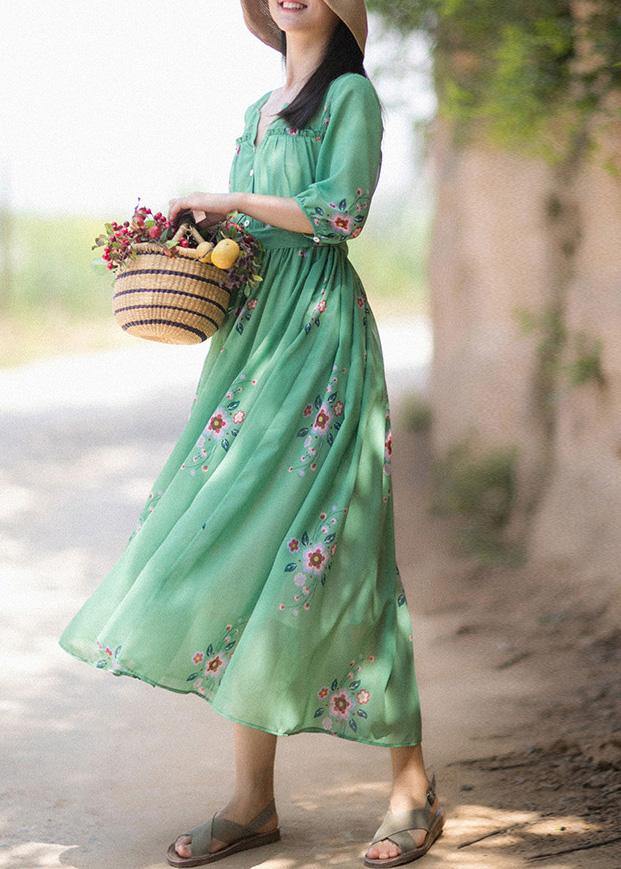 Diy V Neck Tie Waist Summer Quilting Dresses Wardrobes Green Print Long Dress