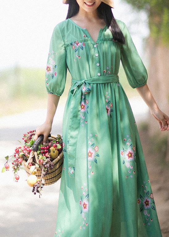Diy V Neck Tie Waist Summer Quilting Dresses Wardrobes Green Print Long Dress