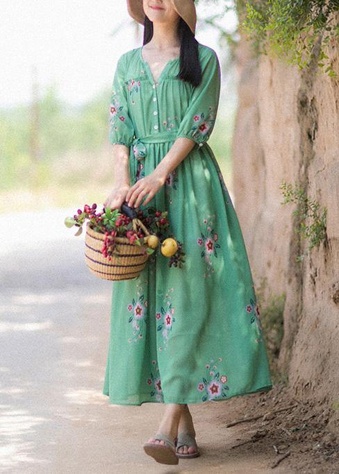 Diy V Neck Tie Waist Summer Quilting Dresses Wardrobes Green Print Long Dress