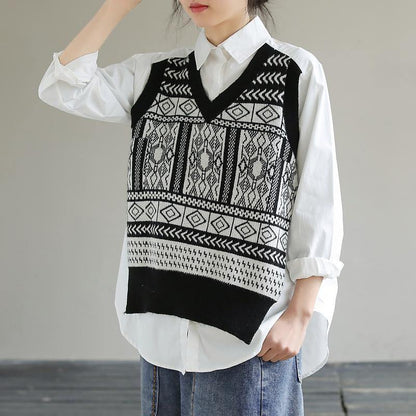 DIY White Clothes Lapel Patchwork Knit Fabric Knee Spring Top