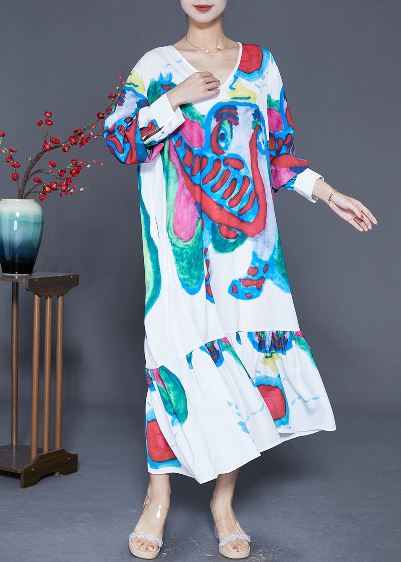 Diy White Elephant Graffiti Patchwork Ruffles Chiffon Party Dress Summer