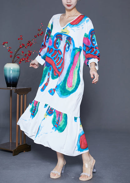 Diy White Elephant Graffiti Patchwork Ruffles Chiffon Party Dress Summer