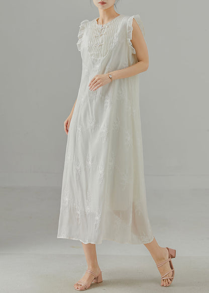 Diy White Embroidered Chinese Button Chiffon Dress Sleeveless