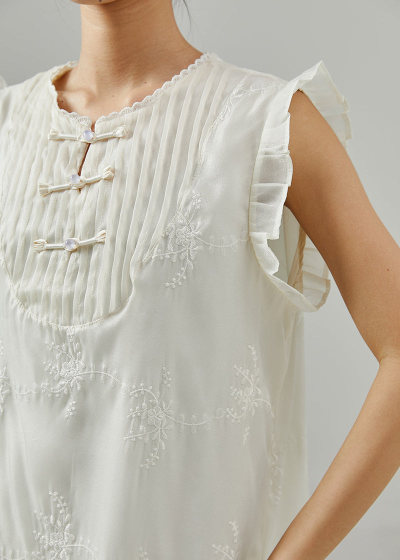 Diy White Embroidered Chinese Button Chiffon Dress Sleeveless