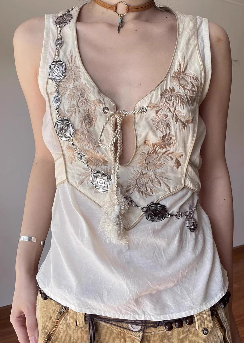 Diy White Embroidered Patchwork Cotton Vests Summer