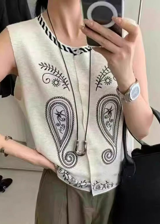 Diy White Embroideried Knit Tanks Sleeveless