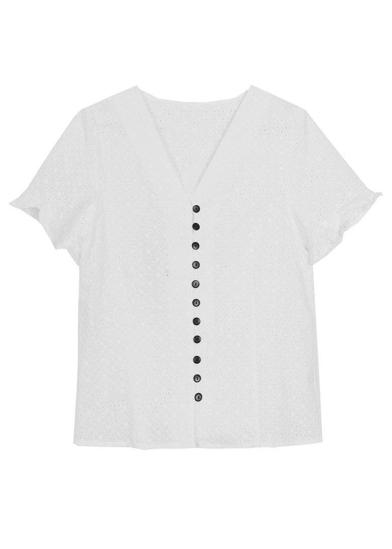 Diy White Hollow Out V Neck Button Cotton Shirt Top Summer