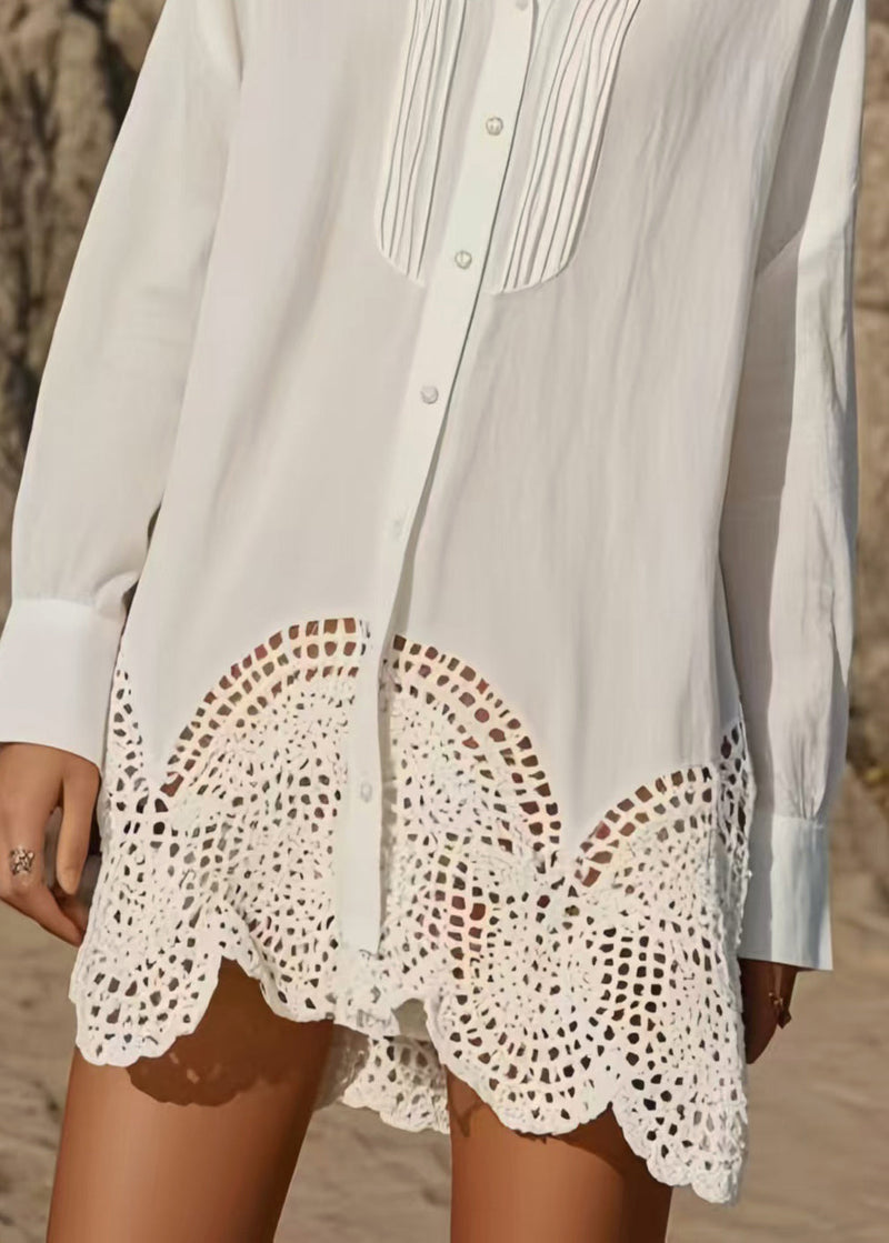 Diy White Hollow Out Wrinkled Cotton Long Shirts Spring
