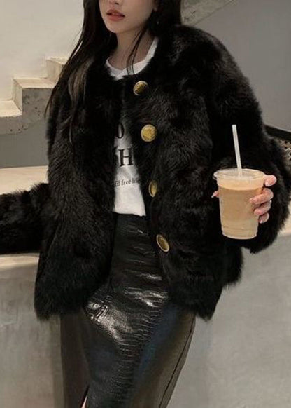 Diy White O-neck Button Thick Fluffy Coat Long Sleeve