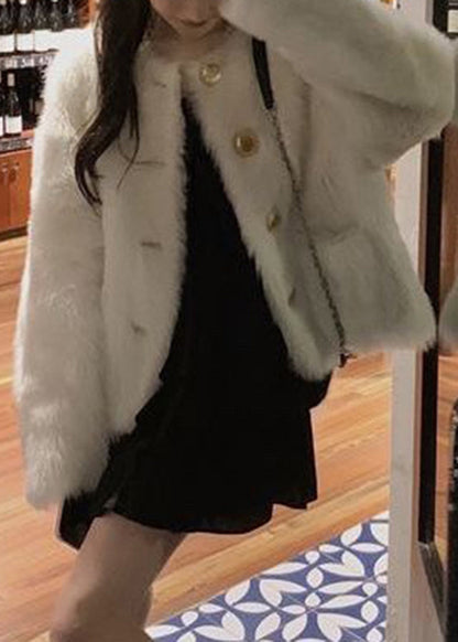Diy White O-neck Button Thick Fluffy Coat Long Sleeve