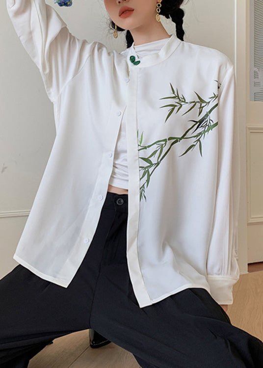 Diy White O-neck Print Button Silk Shirts Spring