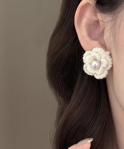 Diy White Pearl Knitting Wool Stud Earrings