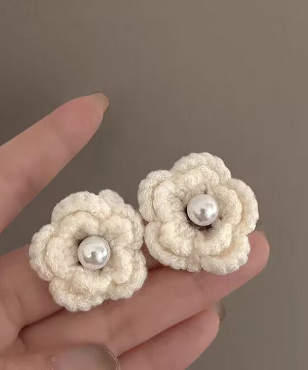Diy White Pearl Knitting Wool Stud Earrings